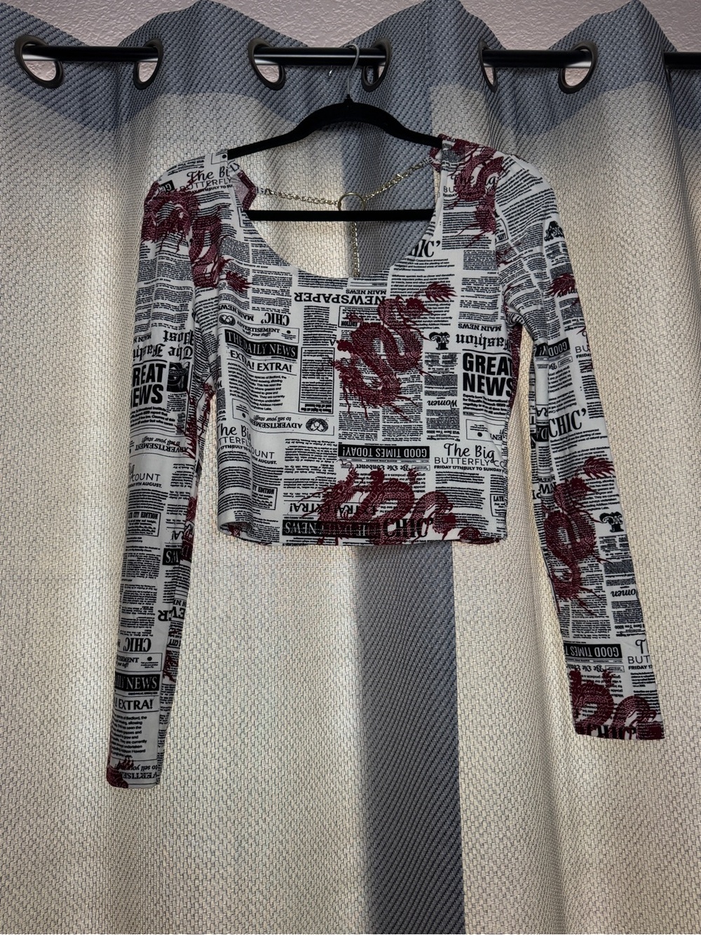 White Long Sleeve Newspaper Dragon Top